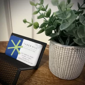 plant and business cards on top of table